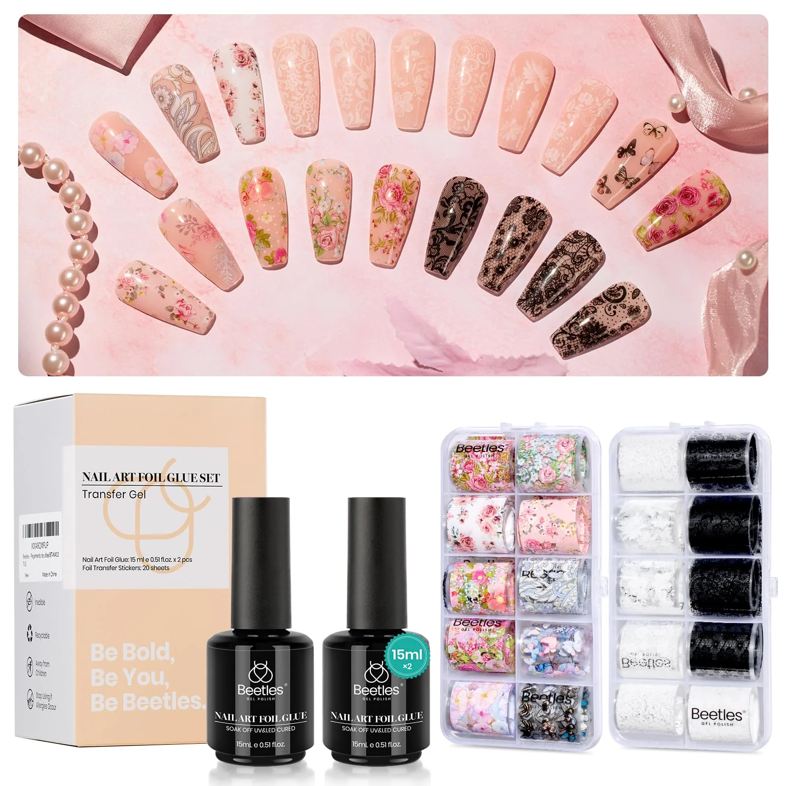 Nail Foil Glue Gel 15ML*2 With 20 Pcs Classic Stickers Nail Transfer Set - Image 7