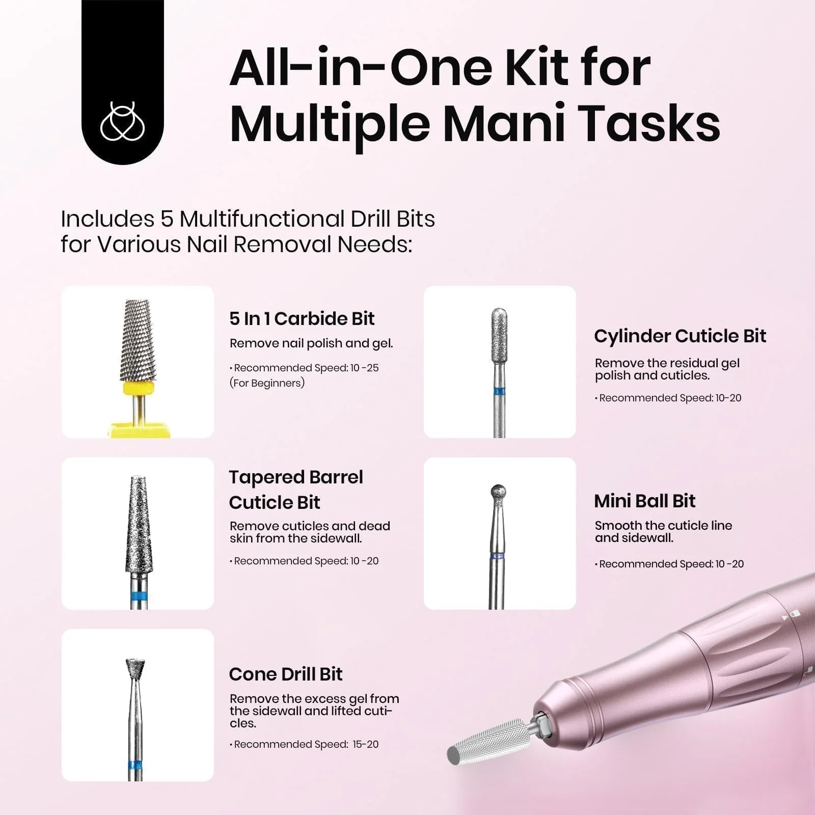 Pink Professional E-file Electric Nail Drill Set-Includes 5 Multifunctional Drill Bits - Image 6