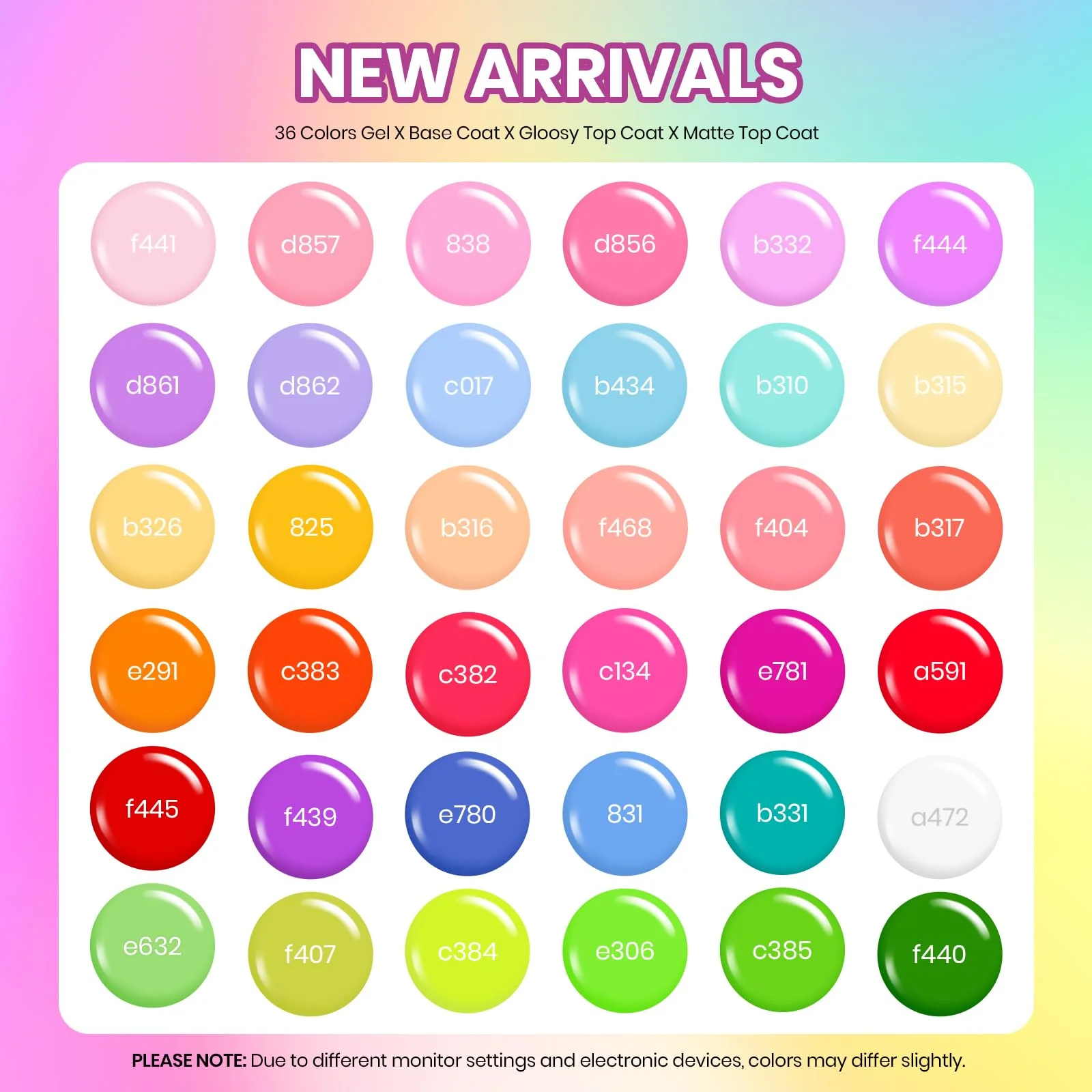 Vivid Whimsy | 36 Nail Pastel Glitter Neon Rainbow Bright Gel Polish Colors - Image 2